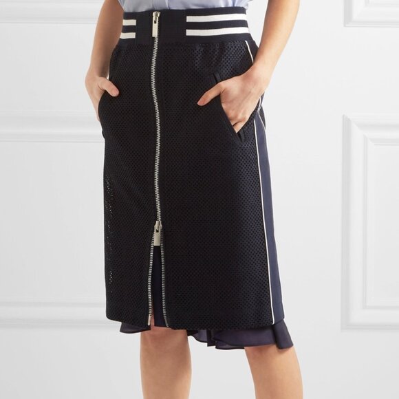 Sacai Satin Trimmed Laser Cut Prince of Wales Checked Cotton Jacquard Skirt - Picture 1 of 13